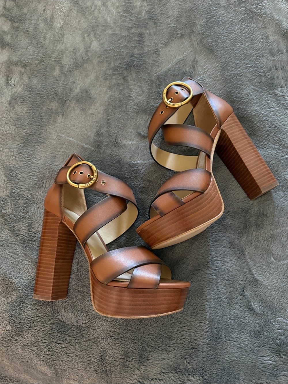 Michael Kors Brown Leather Platform Block Heel Sandals